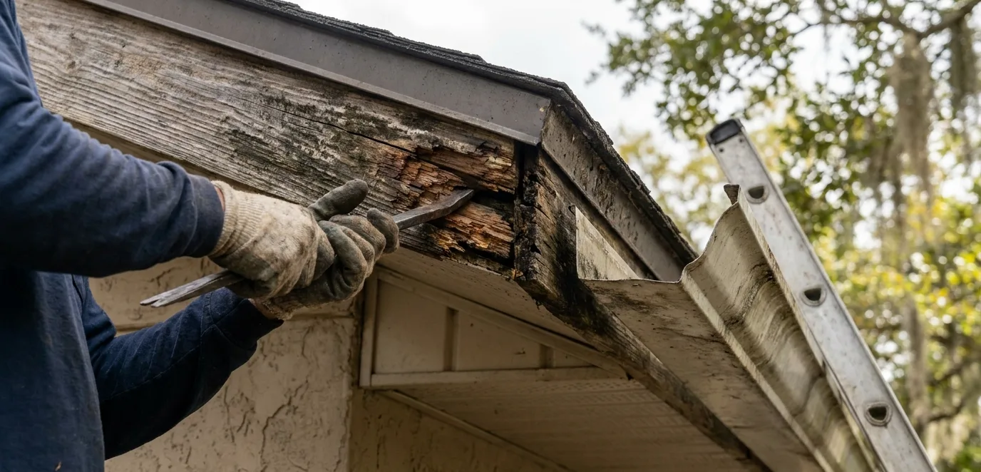 A close-up shot of a technician removing a section of rotted wood fascia board from behind a detached gutter section on an Orlando home A close-up shot of a technician removing a section of rotted wood fascia board from behind a detached gutter section on an Orlando home