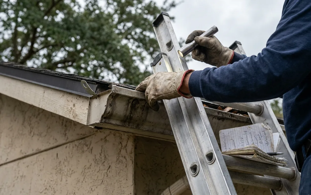 A technician on an extension ladder shines a flashlight closely along a gutter seam and hanger, checking for hidden wear during an inspection