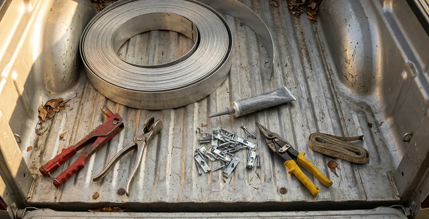 Hand tools, aluminum gutter coil, and assorted end caps and fittings laid out neatly across the open tailgate of a work truck.