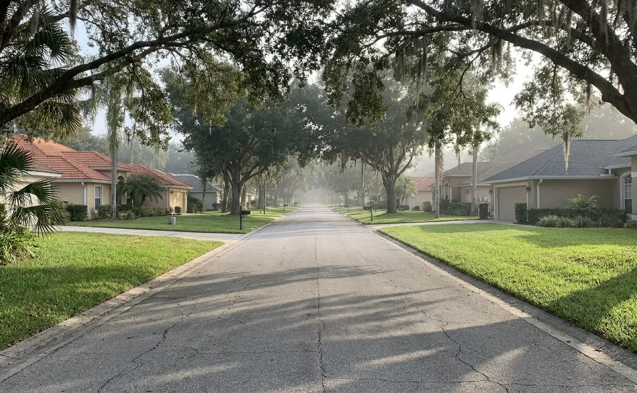 A quiet residential Central Florida street lined with mature oak trees, their canopy arching over the road above rows of single-story homes.
