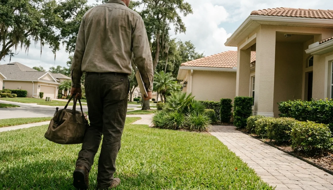 A gutter technician in work clothes carries a ladder and tool bag across a front lawn toward a Florida home's entryway. A gutter technician in work clothes carries a ladder and tool bag across a front lawn toward a Florida home's entryway.