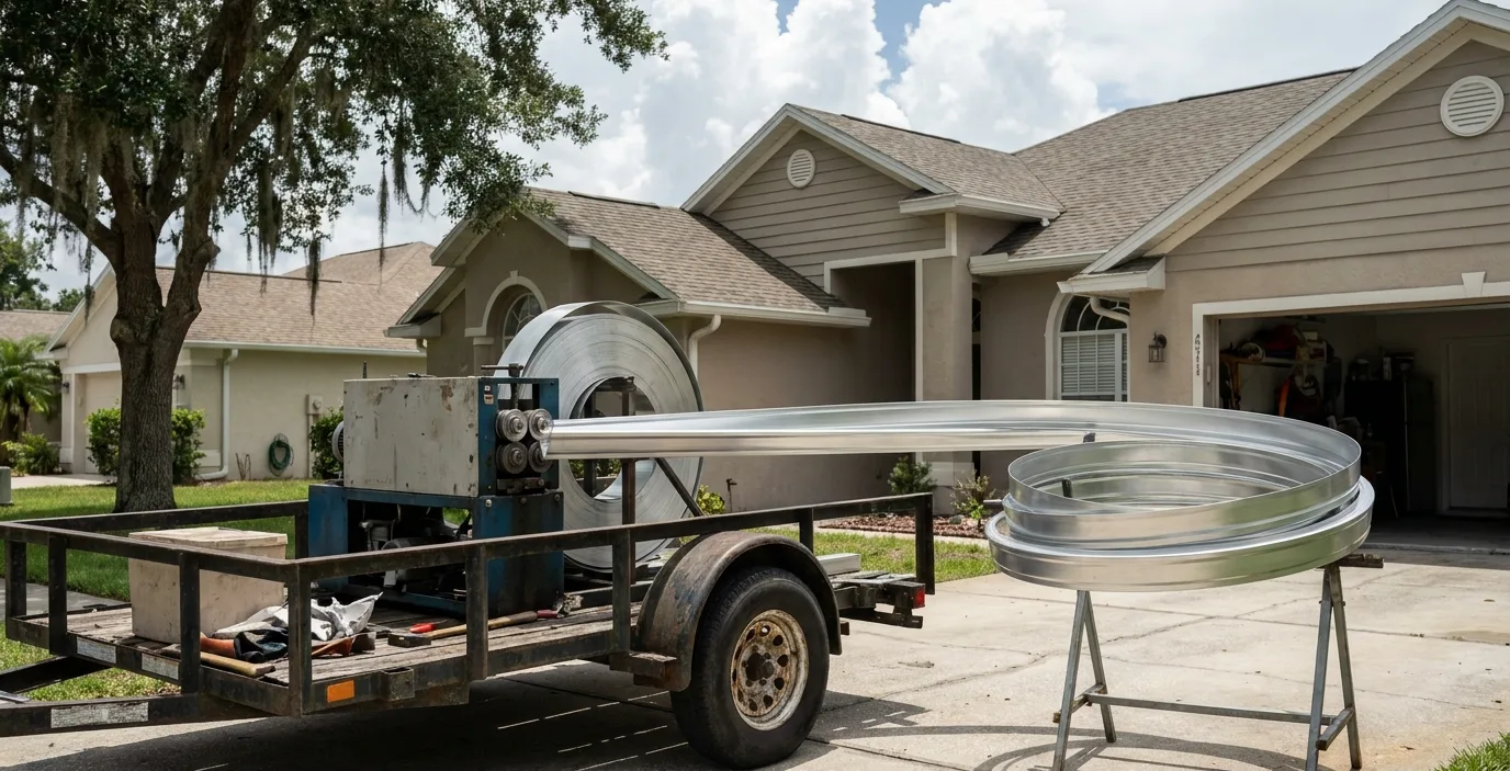 A portable gutter-forming machine mounted on a trailer extrudes a continuous aluminum gutter run directly on-site at an Orlando home.